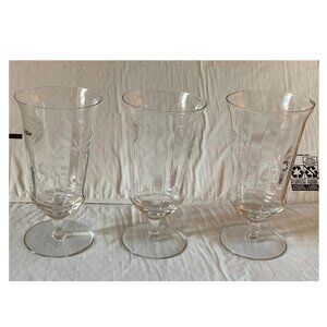 Vintage Clear Etched w/ Weeds Leaf Pattern Footed Drinking Glasses (Set of 3)